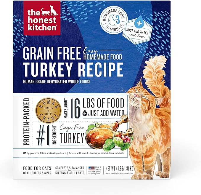 The Honest Kitchen Human Grade Dehydrated Cat Food, Grain Free Turkey Cat Food, 4 lb Box