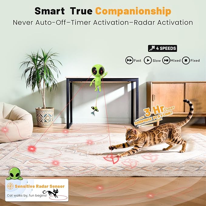 Cat Laser Toy, 2-in-1 Interactive Cat Toys with Dual Laser & Catnip Dangler, Smart Motion-Activated Random Trajectory, 4 Speed Modes, Rechargeable, Quiet & Clamp Design for Bored Indoor Cats
