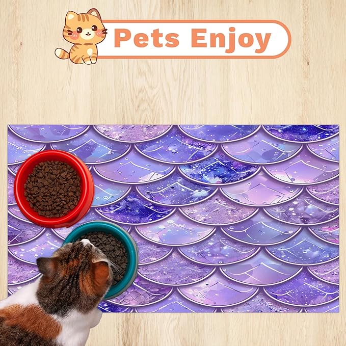 Mermaid Scales Dog Food Mat for Floors Absorbent Dog Bowl Mat for Food and Water Dispenser Quick Dry Cat Food Placemat Pet Supplies 24" x 32", Ocean Beach