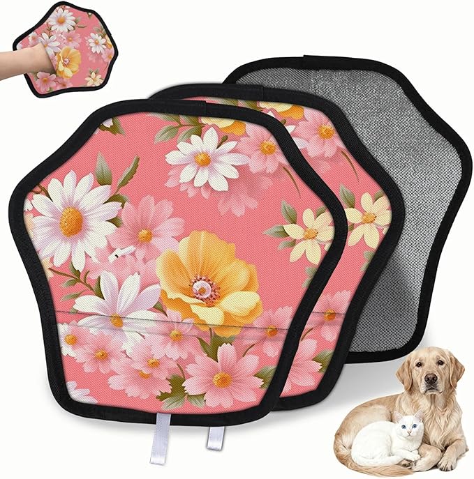 Reusable Pet Hair Removal Glove Daisy Blooming Floral Magic Brush for Cat & Dog Hair Remover for Car, Sofa, Bedding, Clothes - 9x9 Mitt Washable