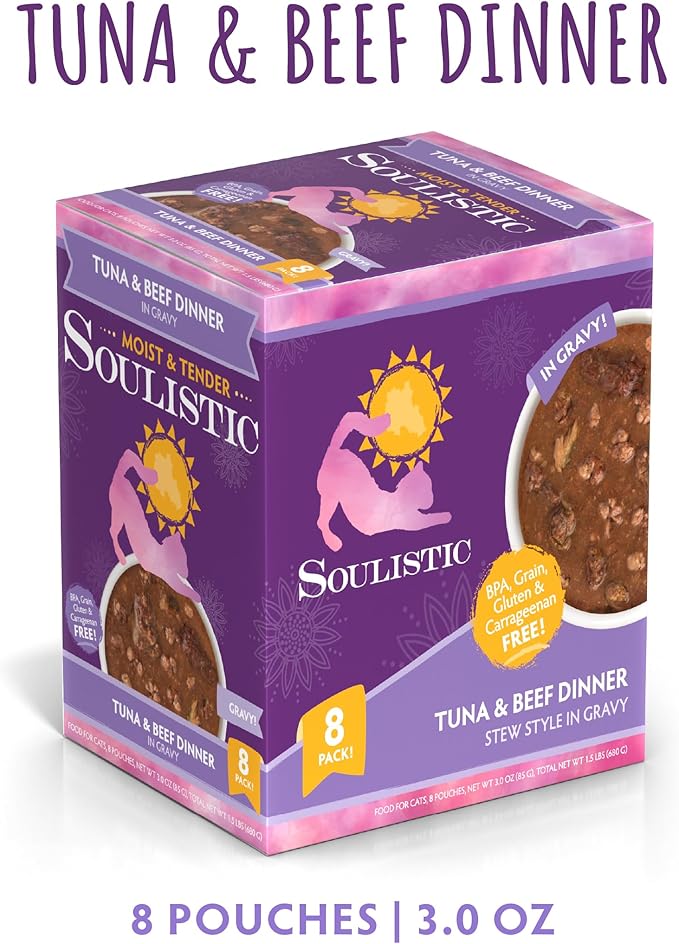 Soulistic Moist and Tender, Tuna and Beef Dinner in Gravy, 3oz Pouch, Pack of 8