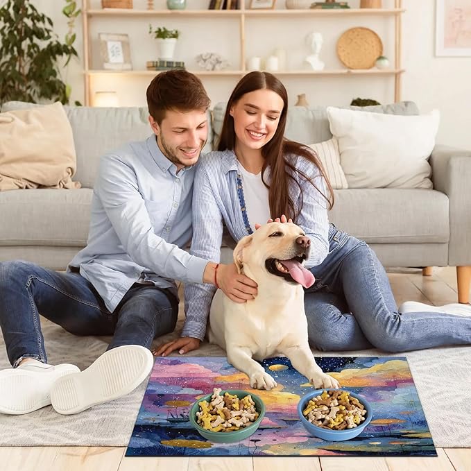 Lotus Leaf Dog Food Mat for Floors Absorbent, Quick Dry Water Dispenser Mat for Food, Water, Pet Supplies 16" x 24", Cloud Moon