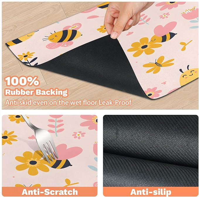 Boho Bee Dog Food Mat for Floors Absorbent, Quick Dry Water Dispenser Mat for Food, Water, Pet Supplies 16" x 24", Spring Flower