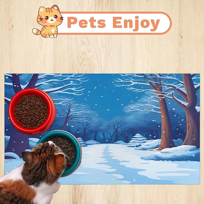 Winter Forest Dog Food Mat for Floors Absorbent, Quick Dry Water Dispenser Mat for Food, Water, Pet Supplies 12" x 20", White Snowy