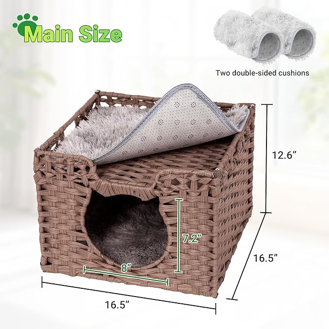 Handwoven Rattan Cat House w/ 2 Cushions, Wicker Cat Bed Indoor Kitten House, Waterproof & Foldable Pet Cube Bed, Brown, 16.5”L x 16.5”W x 12.6”H