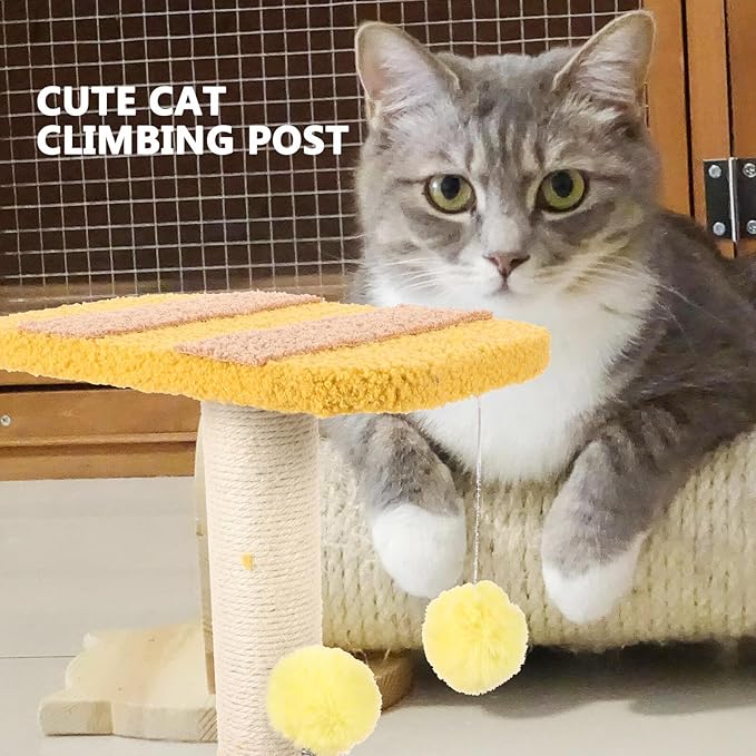 Alipis Bee-Shaped Cat Scratching Post and Climber Small Size Sisal Cat Scratcher and Cozy Nest Indoor Kitten Play Tower