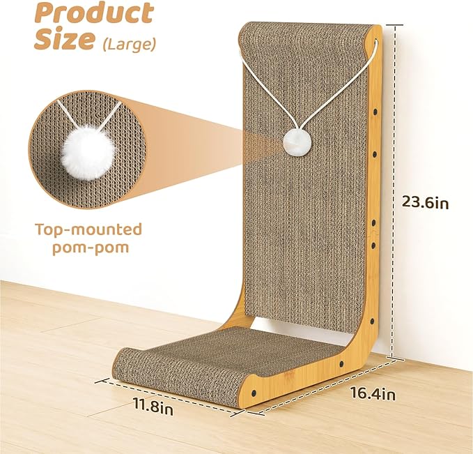 2-Pack Cat Scratching Board, 25.6'' Tall L-Shaped Cardboard Cat Scratcher with Hanging Ball Toy & Raised Edges, Vertical Cat Scratching Post for Indoor Cats, Wall & Couch Protector