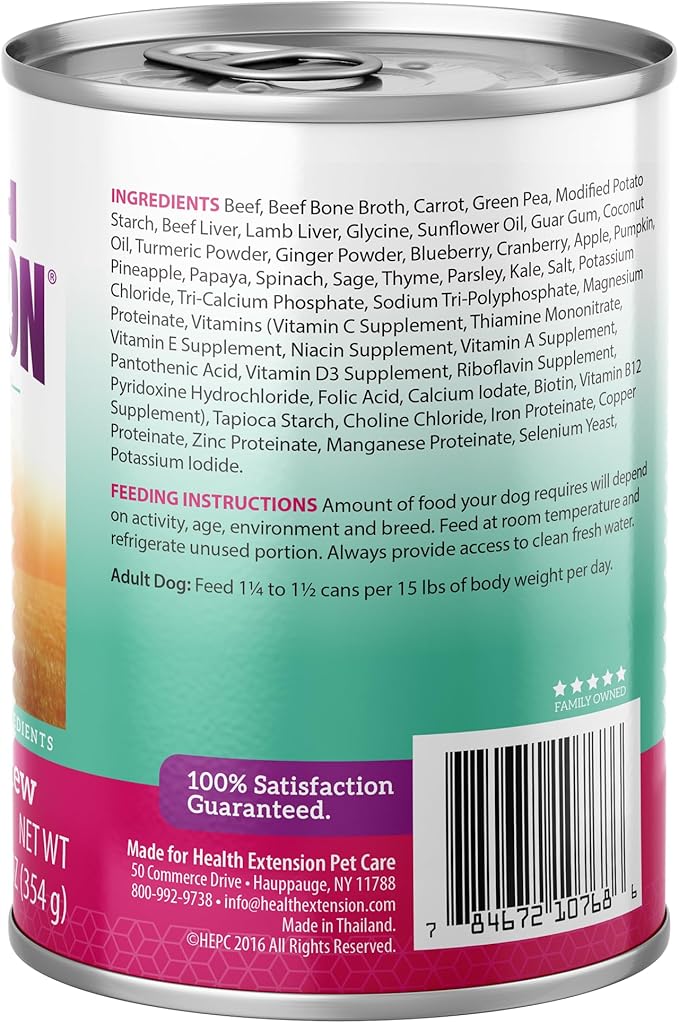 Health Extension Wet Dog Food Canned, Gluten & Grain-Free, Natural Food for All Puppies & Dogs with Added Vitamins & Mineral, Savory Beef & Vegetable Stew Recipe (12.5 Oz / 374 g) (Pack of 12)
