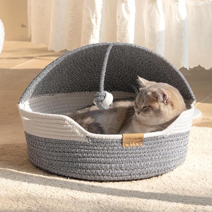 CHEERPALS Cat Basket Bed for Indoor Cats, Covered Pet Bed with Washable Cushion and Ball Rope Cotton Bed for Medium and Large Cat, All Season Universal(Blue)