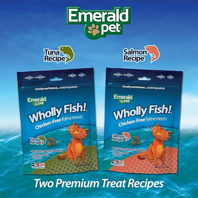 EMERALD PET Wholly Fish! Chicken-Free Feline Treats, Tuna Recipe — Tasty and Crunchy Tuna Cat Treats with Real Tuna — Chicken Free, Grain Free, Natural Cat Treats — Made in USA, 3 oz