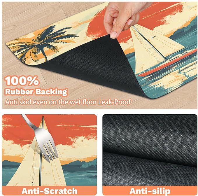 Coastal Ship Dog Food Mat for Floors Absorbent, Quick Dry Water Dispenser Mat for Food, Water, Pet Supplies 12" x 20", Sunset Palm Tree