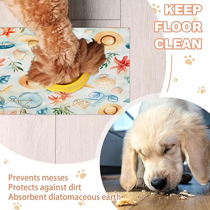 Beach Bicycle Dog Food Mat for Floors Absorbent Dog Bowl Mat for Food and Water Dispenser Quick Dry Cat Food Placemat Pet Supplies 17" x 30", Summer Theme