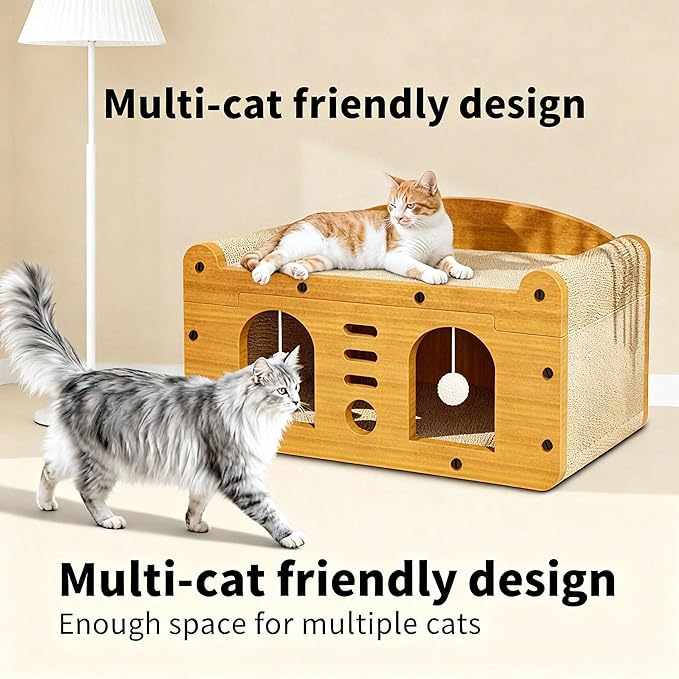 Multi-Function Cat Scratcher House Box,3-in-1 Scratch Pad and Soft Bed & Play Cave with Toys, Durable Build & Ideal for Cats/Kitty (Yellow,MD-DOOR1)