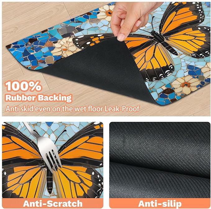Butterfly Dog Food Mat for Floors Absorbent, Quick Dry Water Dispenser Mat for Food, Water, Pet Supplies 12" x 20", Colorful Floral