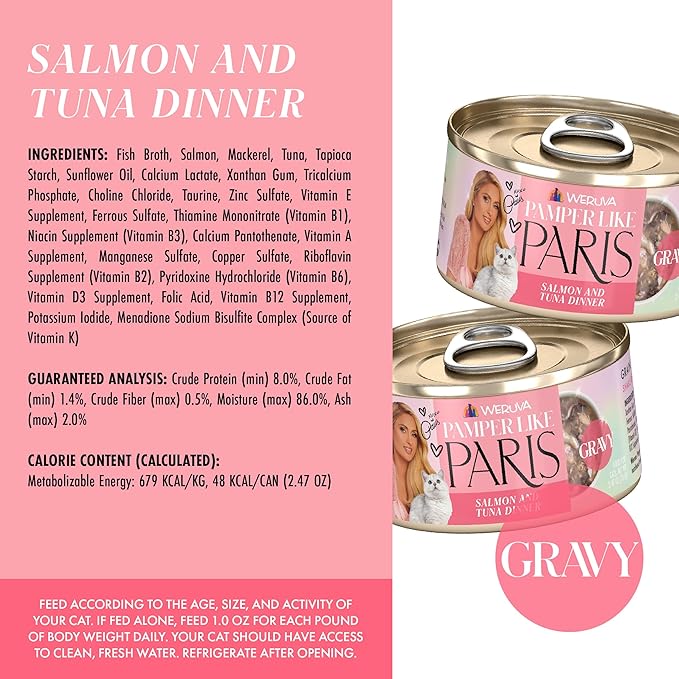 Weruva Paris Hilton Pamper Like Paris Natural Grain Free Wet Cat Food, Salmon and Tuna in Gravy, 2.47oz Can (Pack of 12)