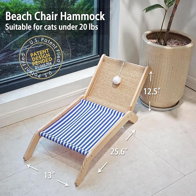 PETKARAY Beach Chair Cat Hammock, Elevated Cat Beds for Indoor Cats, Original Cozy Lounger with Sisal Scratcher and Toy Ball