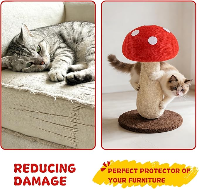 Mushroom Cat Scratching Post, 19.7 Inch Cat Scratcher with Stable Base, Natural Sisal Pole & Cozy Perch for Indoor Cats, Fun Fungus Cat Scratching Board for Kittens and Cats
