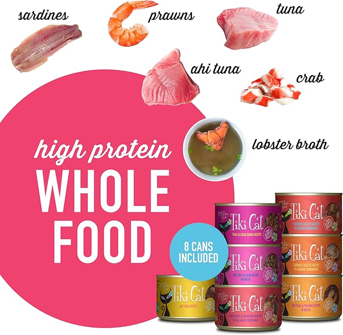 Tiki Cat Grill, Tuna & Crab Surimi, High-Protein and 100% Non-GMO Ingredients, Wet Whole Foods Cat Food for All Life Stages, 6 oz. Cans (Pack of 8)