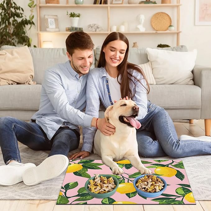 Lemon Fruits Dog Food Mat for Floors Absorbent Dog Bowl Mat for Food and Water Dispenser Quick Dry Cat Food Placemat Pet Supplies 17" x 30", Green Leaves