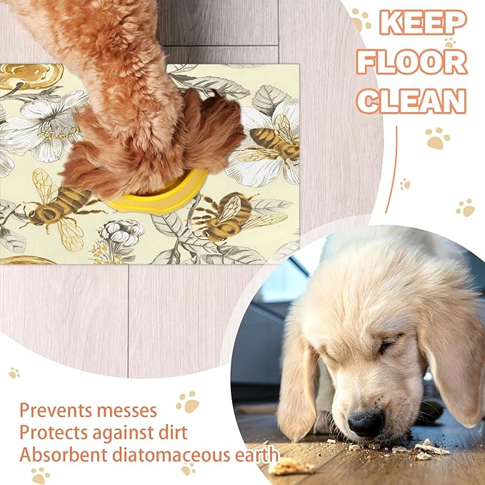 Vintage Bee Dog Food Mat for Floors Absorbent, Quick Dry Water Dispenser Mat for Food, Water, Pet Supplies 17" x 30", Spring Flower