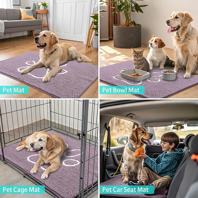 Smiry Dog Door Mat for Muddy Paws, Absorbent Dirt Trapper Non Slip Quick Dry Washable Chenille Mat for Mud Dogs, Entry Rug for Indoor and Outdoor (36x24 Inches, Deep Plum and White)