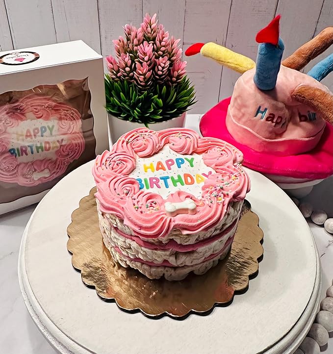 Pink Shiba Big Dog Birthday Cake- Edible Puppy Party Crispy Vanilla Rice Cake, Yogurt Icing Perfect Dog Party Cake Boxed, Iced and Decorated