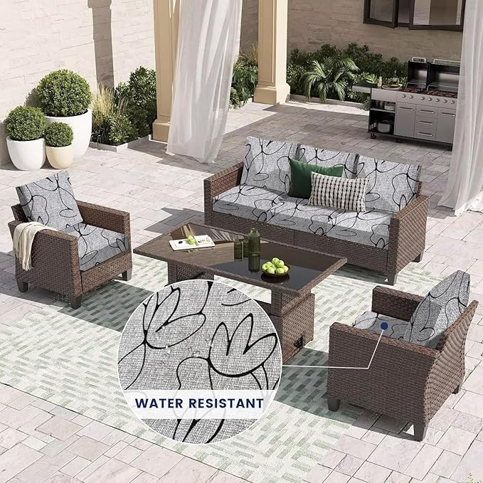 HANDONTIME 8Pcs Outdoor Cushion Covers Waterproof Striped Patio Cushion Covers Stretch Outdoor Couch Cover Replacement Patio Furniture Cover for Pets Sofa Cover Washable (Grey Abstract,Cover Only)