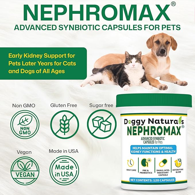 NEPHROMAX™ Synbiotic Capsules for Kidney Support for Dogs & Cats (120 Small Capsules) - Advanced Next-Generation Enteric detoxifying Blend of Pre & Probiotics Kidney Support U.S.A (120 Caps)