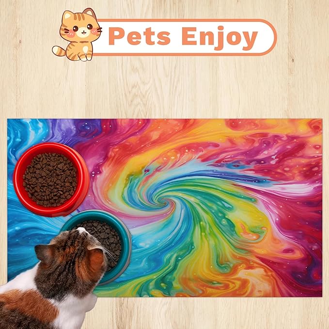 Tie Dye Dog Food Mat for Floors Absorbent, Quick Dry Water Dispenser Mat for Food, Water, Pet Supplies 17" x 30", Boho Colorful