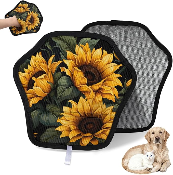 Reusable Pet Hair Removal Glove Beautiful Sunflower Theme Magic Brush for Cat & Dog Hair Remover for Car, Sofa, Bedding, Clothes - 9x9 Mitt Washable