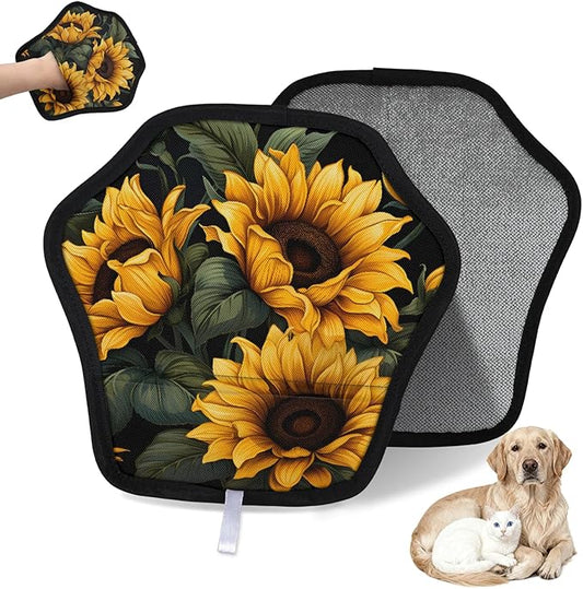 Reusable Pet Hair Removal Glove Beautiful Sunflower Theme Magic Brush for Cat & Dog Hair Remover for Car, Sofa, Bedding, Clothes - 9x9 Mitt Washable