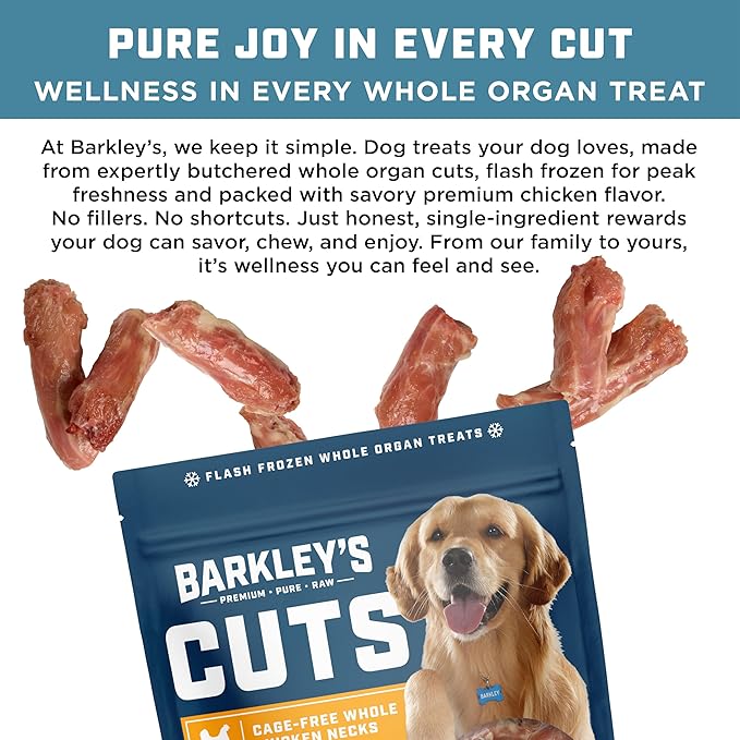 Barkley’s Cuts, Frozen Raw Whole Chicken Necks Dog Treats, Single Ingredient, Flash Frozen, High Protein Training Treats and Food Toppers for Puppies and Dogs, Human Grade Ingredients, 16 Oz Bag