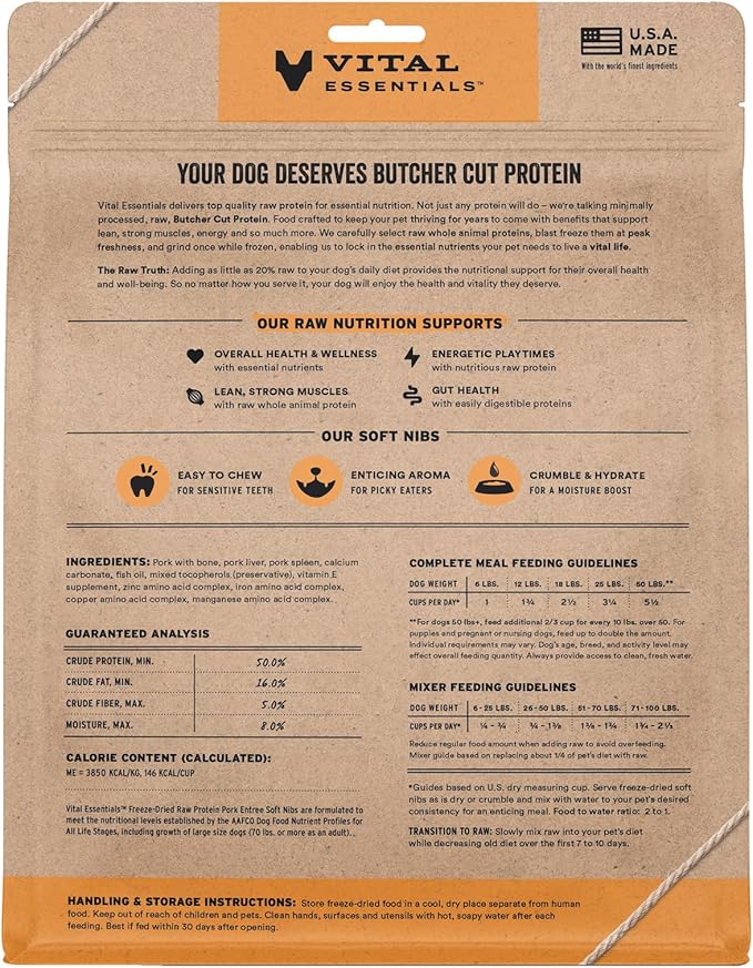 Vital Essentials Freeze Dried Dog Food, Raw Pork Soft Nibs | Complete Meal or Topper | 99% Pork, Organs & Bone | Limited Ingredient, High Protein, Grain Free Dry Dog Food | 14 oz Bag