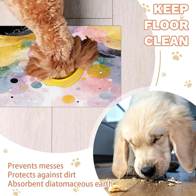 Polka Dot Dog Food Mat for Floors Absorbent Dog Bowl Mat for Food and Water Dispenser Quick Dry Cat Food Placemat Pet Supplies 24" x 32", Boho Circle