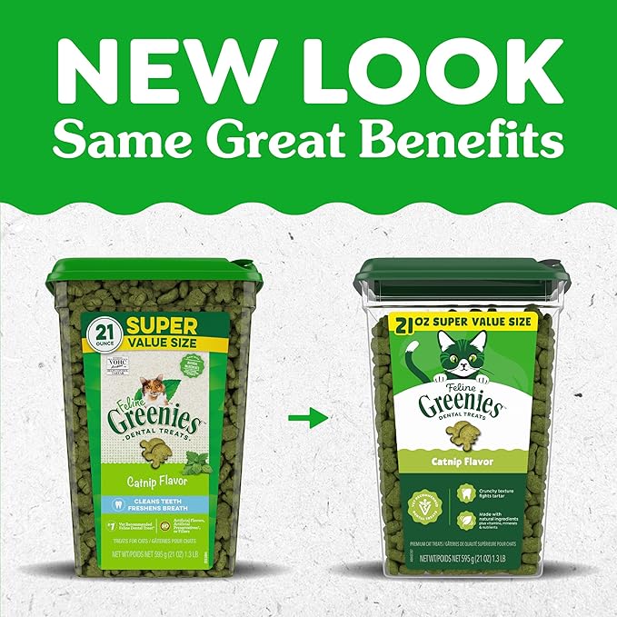 Greenies Cat Treats, Feline Veterinarian-Recommended Adult Natural Dental Treats, Catnip Flavor, 21 oz. Tub