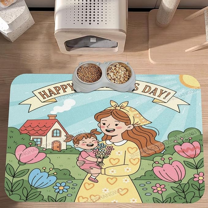 Non Slip Mat for Dog Pet Cat Dog Food Mats Happy Mother's Day Floral Gift for Mom Dv Water Bowl Mat Quick Dry Absorbent Cat Feeding Mats 18X12In