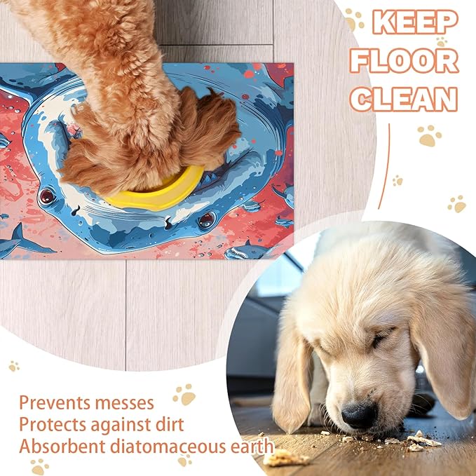 Sharks Dog Food Mat for Floors Absorbent Dog Bowl Mat for Food and Water Dispenser Quick Dry Cat Food Placemat Pet Supplies 12" x 20", Sea Animals