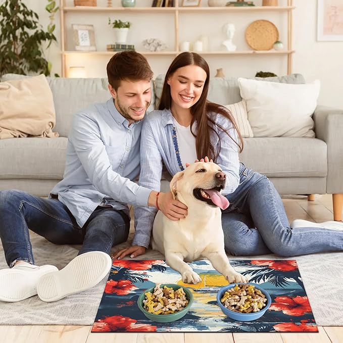 Sea Ship Dog Food Mat for Floors Absorbent, Quick Dry Water Dispenser Mat for Food, Water, Pet Supplies 24" x 32", Flower