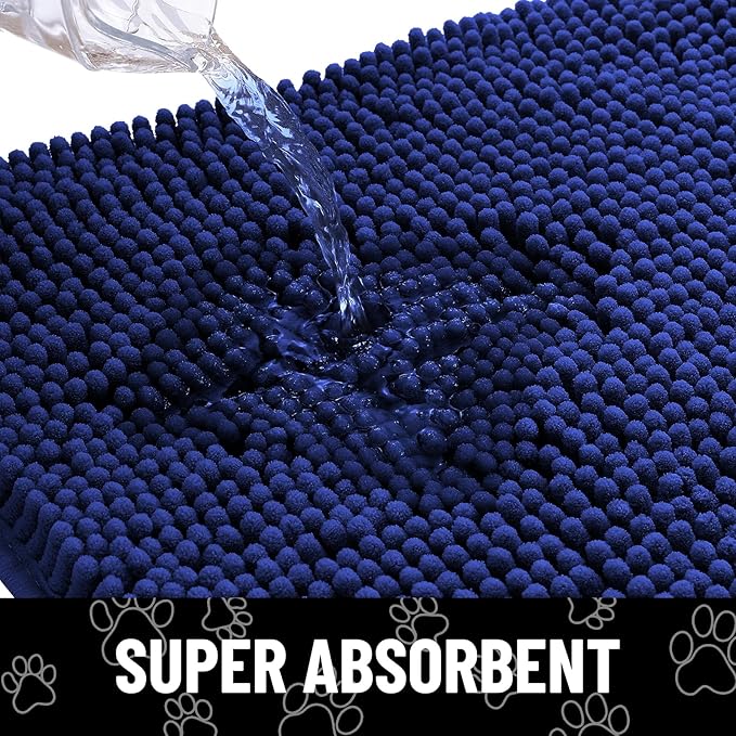 Smiry Dog Door Mat for Muddy Paws, Absorbent Dirt Trapper Non Slip Quick Dry Washable Chenille Mat for Mud Dogs, Entry Rug for Indoor and Outdoor (24x16 Inches, Navy Blue and White)