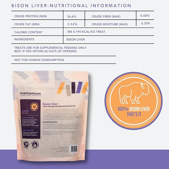 Momentum Carnivore Nutrition Freeze-Dried Bison Liver Dog Treats & Cat Treats – Single-Ingredient, High-Protein, Grain-Free, Lean Novel Protein – Made in USA – 4 oz Bag