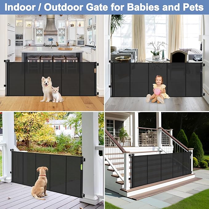 Reinforced Retractable Baby Gates with Support Beam 60" Wide Retractable Dog Gate Indoor Prevent Children and Dogs from Crawling Under Outdoor Dog Gate for Deck Mesh Gates for Kids or Pets, Black