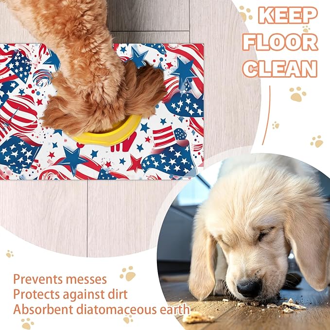 4th of July Dog Food Mat for Floors Absorbent Dog Bowl Mat for Food and Water Dispenser Quick Dry Cat Food Placemat Pet Supplies 16" x 24", American Flag Stars