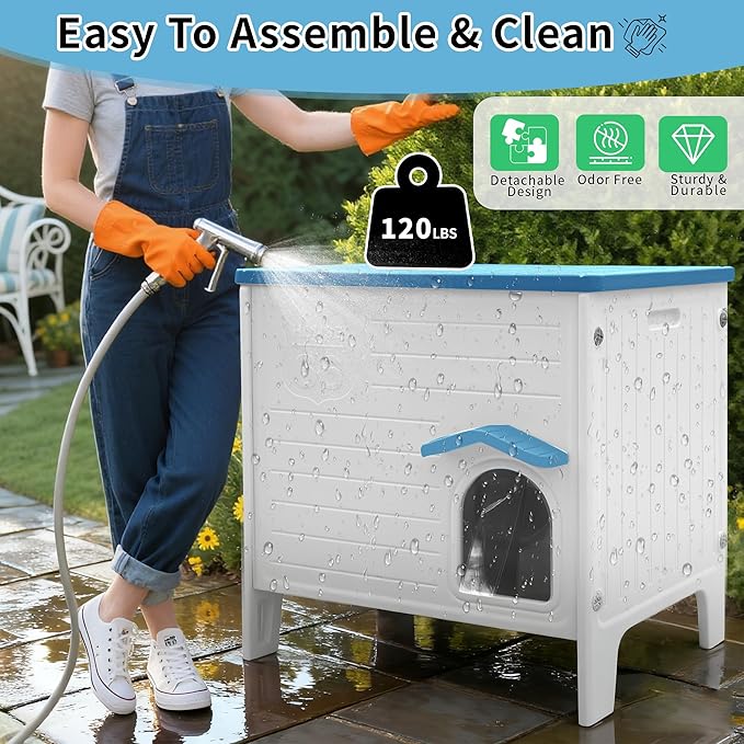 Rockever Insulated Outdoor Cat House, Waterproof Cat House for Outdoor Cats with Escape Door, Plastic Feral Cat House Outdoor Indoor, Spacious and Clean Easily (Blue,M)