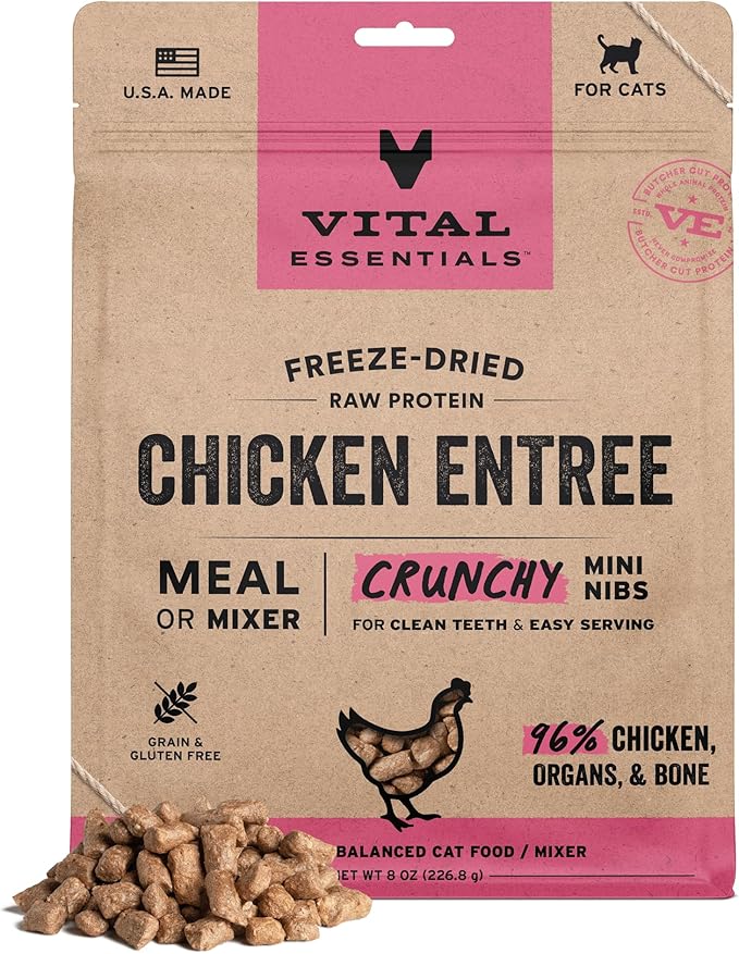 Vital Essentials Freeze Dried Cat Food, Raw Chicken Crunchy Mini Nibs | Complete Meal or Topper | 96% Chicken, Organs & Bone | Limited Ingredient, High Protein, Grain Free Dry Cat Food | 8 oz Bag