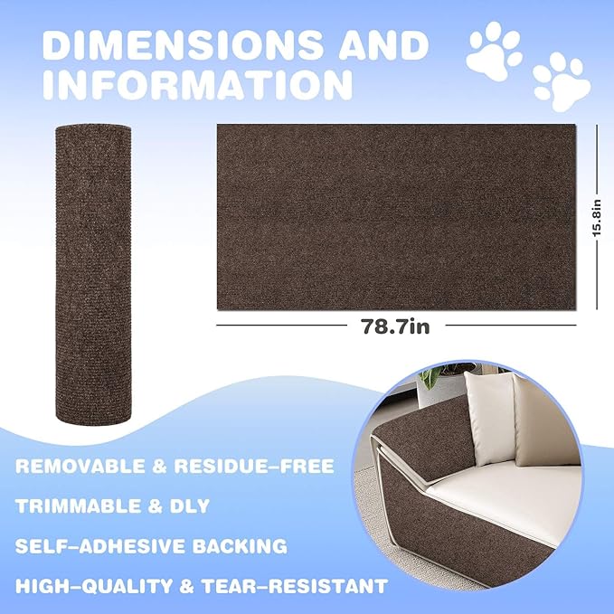 Cat Scratching Mat 78.7"x15.8" Self-Adhesive Cat Furniture Protector, Climbing Cat Scratch Pad for Cat Tree, Sofa, Wall, and Furniture DIY Protection(Brown)