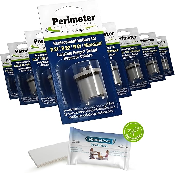 Perimeter Technologies Invisible Fence Collar Battery - Brand Compatible - Includes eOutletDeals Pet Towel (8 Pack)