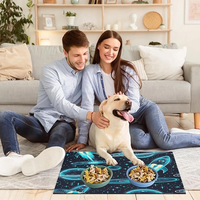 Cartoon Spaceship Dog Food Mat for Floors Absorbent, Quick Dry Water Dispenser Mat for Food, Water, Pet Supplies 24" x 32", Outer Space
