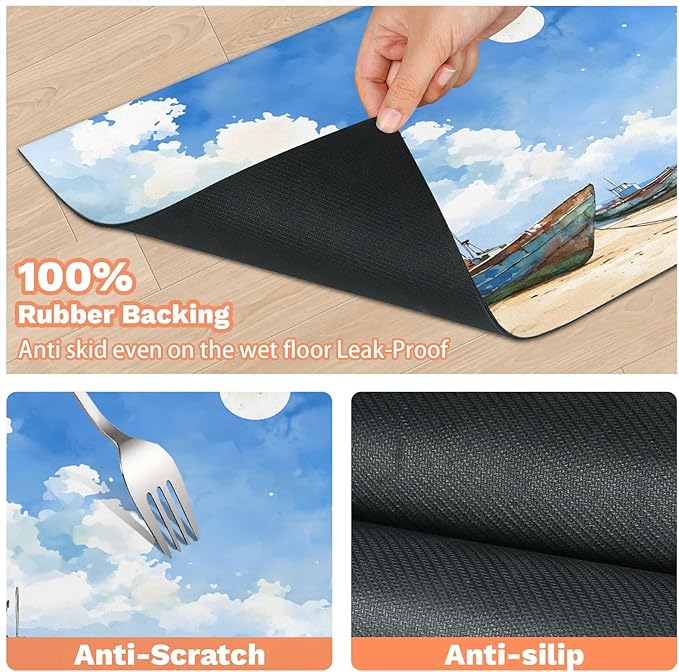 Seasides Sailboat Dog Food Mat for Floors Absorbent, Quick Dry Water Dispenser Mat for Food, Water, Pet Supplies 24" x 32", Ocean Beach