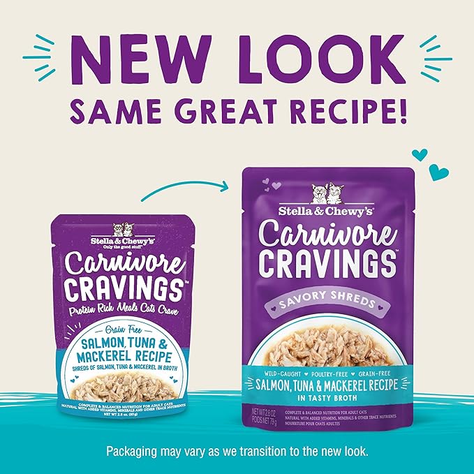 Stella & Chewy's Carnivore Cravings Wet Cat Food - Premium Pouches - Grain Free, High Protein Salmon, Tuna & Mackerel - Perfect For Picky Eaters - Complete Meal or Topper (2.8 oz, 24 Pack)