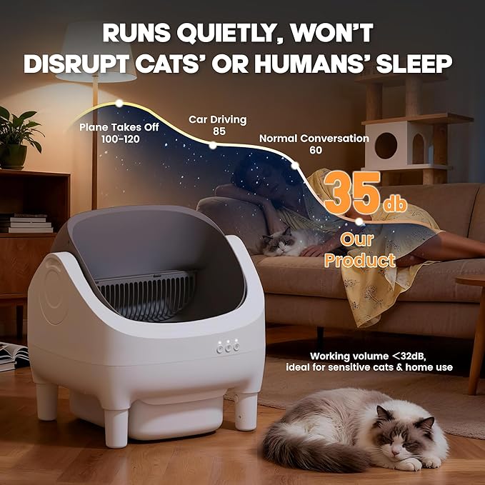 Greesum Self Cleaning Cat Litter Box – Automatic Open-Top Smart Litter Box with App Control, 15L Odor-Sealed Waste Bin, Ultra Quiet 35dB, Multi-Cat & Large Cat Compatible, with Trash Bags & Mat